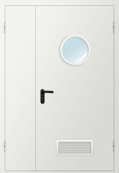Дверь двупольная металлическая с вентиляционной решеткой и остеклением D300