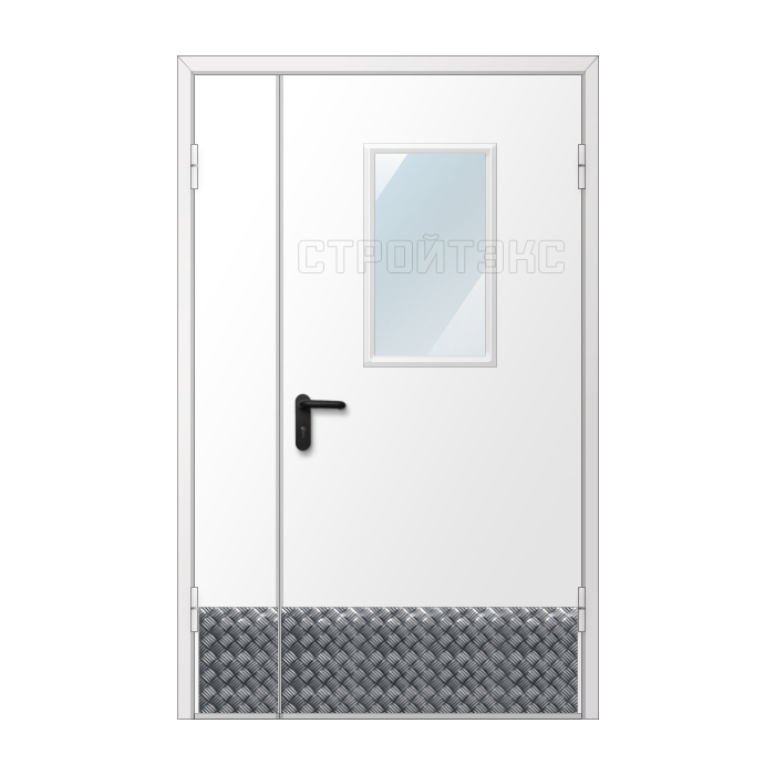 Дверь двупольная металлическая с алюминиевой накладкой и остеклением 300х600